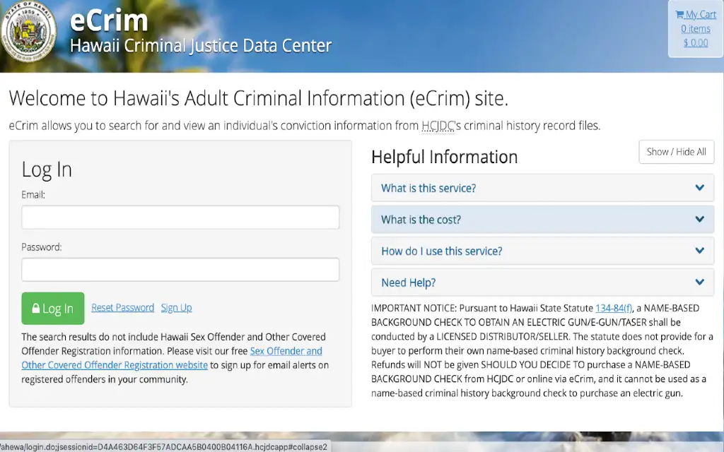 Hawaii's adult criminal information website where criminal records can be accessed at a cost. 