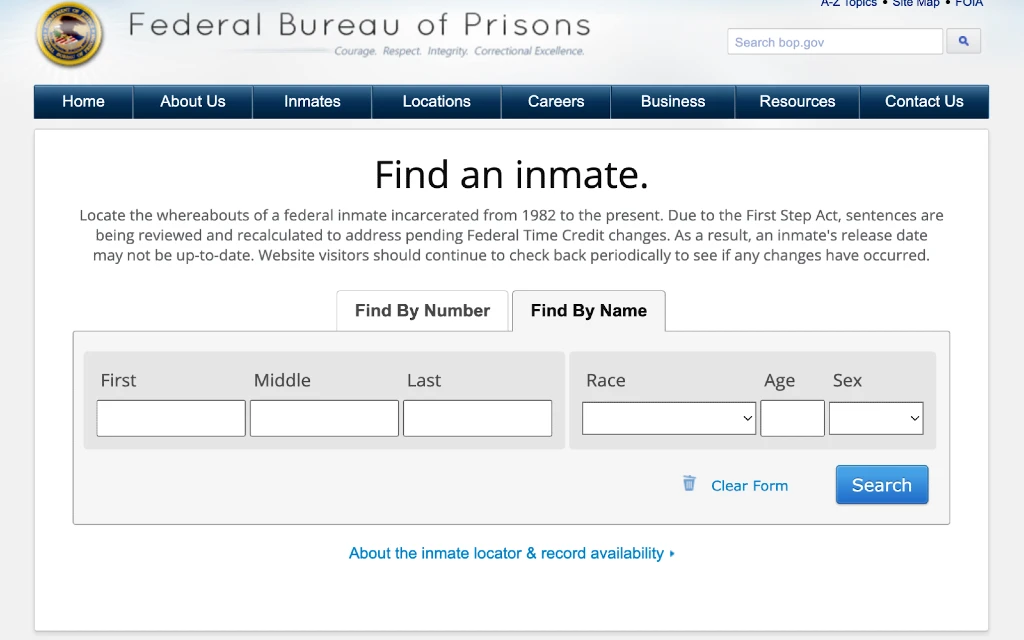 The Bureau of Prisons inmate search tool to find federal prisoners. 