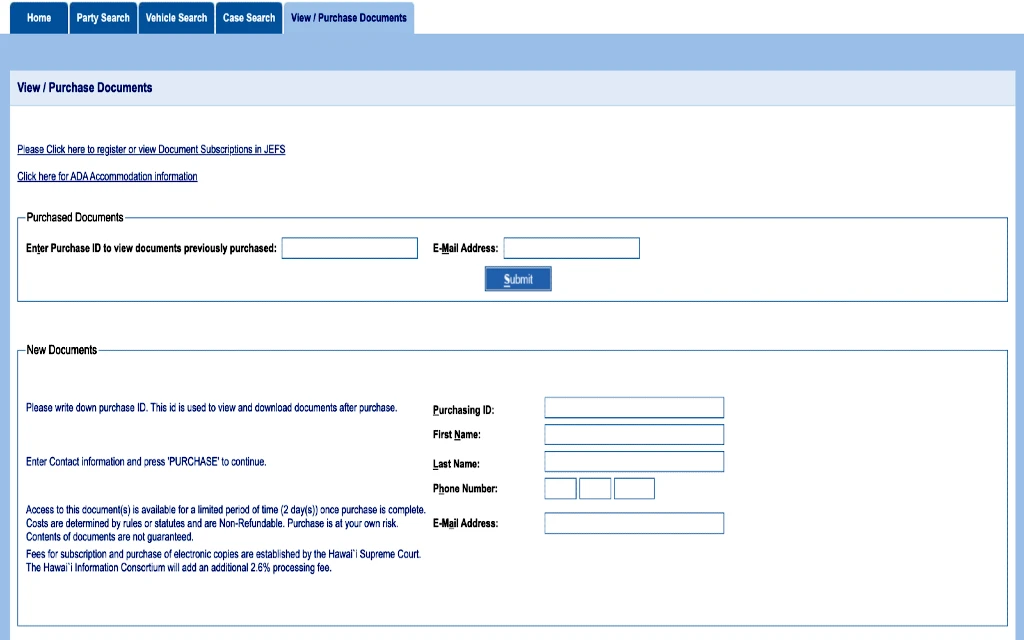 Hawaii Ecourt website sign up page and document request page. 