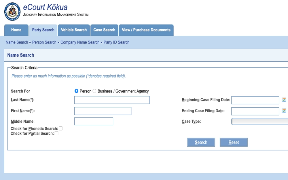 A screenshot of the eCourt Kokua website's name search feature, displaying an input field for entering a person's name and a dropdown menu for selecting a case filing date, the website's header and navigation menu are visible, along with several search results listed below the input fields, the overall color scheme is blue and white.