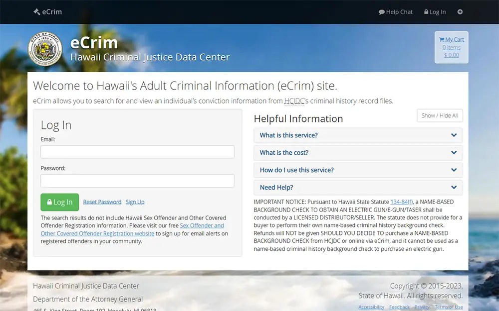 A screenshot of the Hawaii Criminal Justice Data Center website's login page, featuring an input field for a username and password, along with helpful information displayed on the side, the website's header and navigation menu are visible, and the overall color scheme is blue and white.