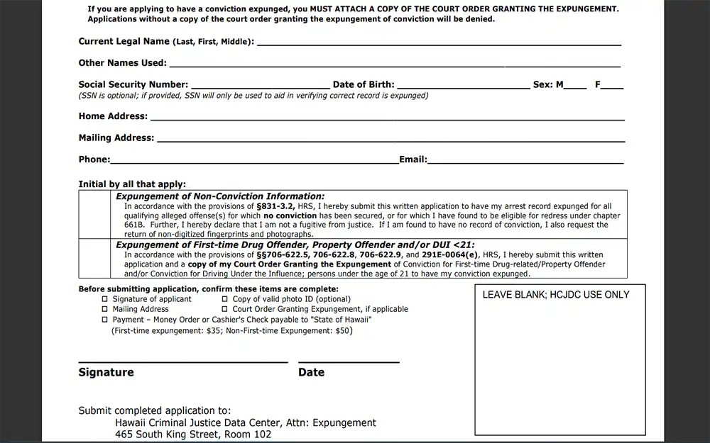 A screenshot from the Hawaii Criminal Justice Data Center department of the attorney general showing an application for expungement form.