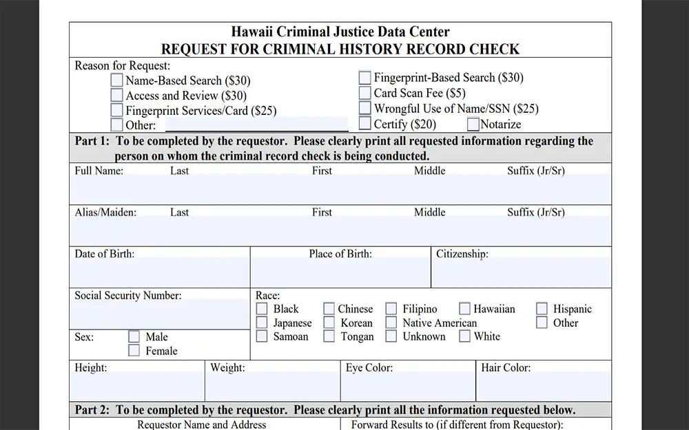 A screenshot from the Hawaii Criminal Justice Data Center website showing the request for criminal history record check form.