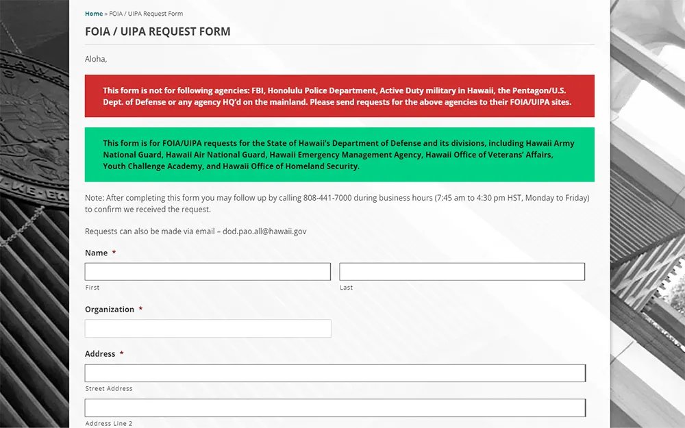 A screenshot from the State of Hawaii Department of Defense website showing the FOIA/UIPA request form.