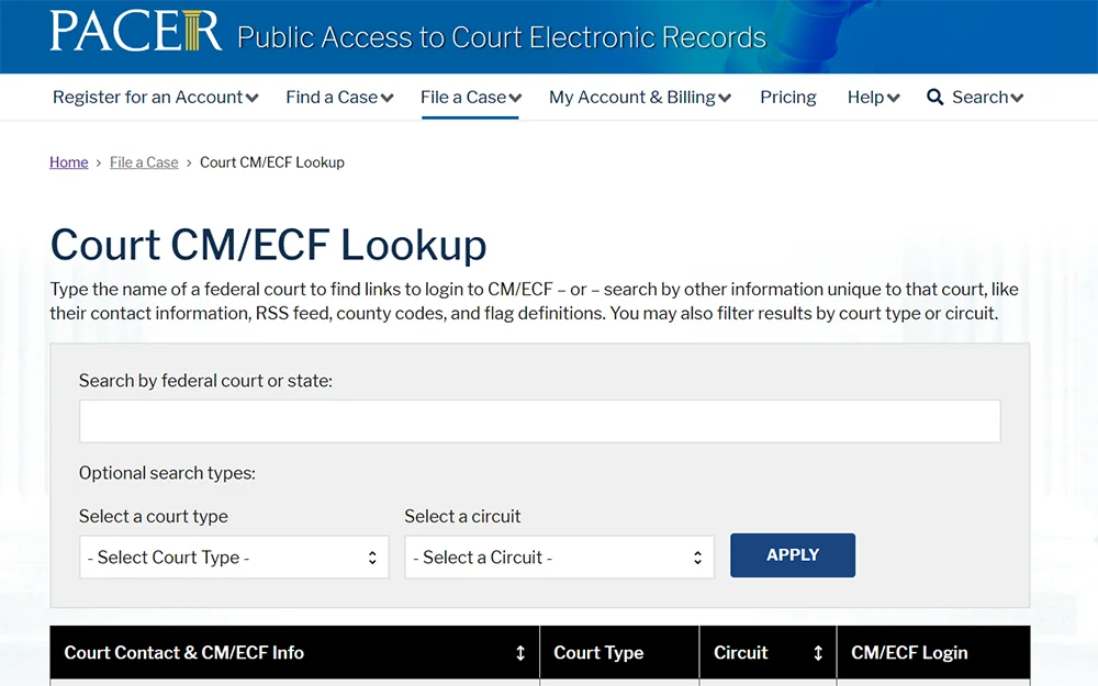 A screenshot from the Public Access to Court Electronic Records website showing the court cm/ecf lookup tool page.