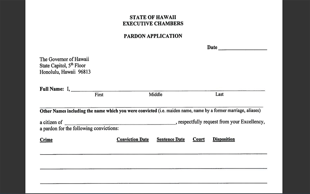 A screenshot from the Hawaii Paroling Authority website showing the pardon application form.