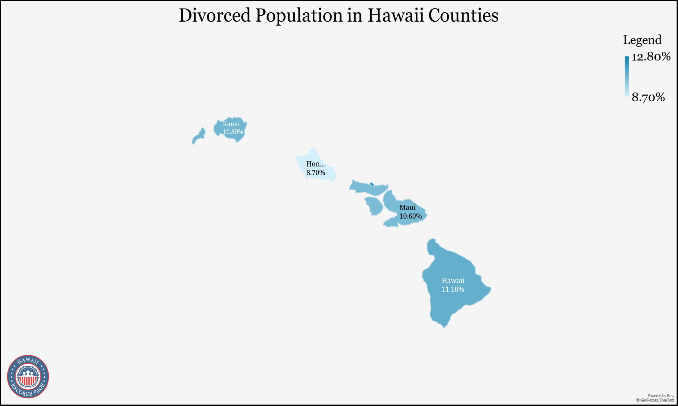 A chart/map shows the divorced population in each county of Hawaii, with a legend located at the top right corner indicating that the highest percentage is 12.80% and the lowest is 8.70%.