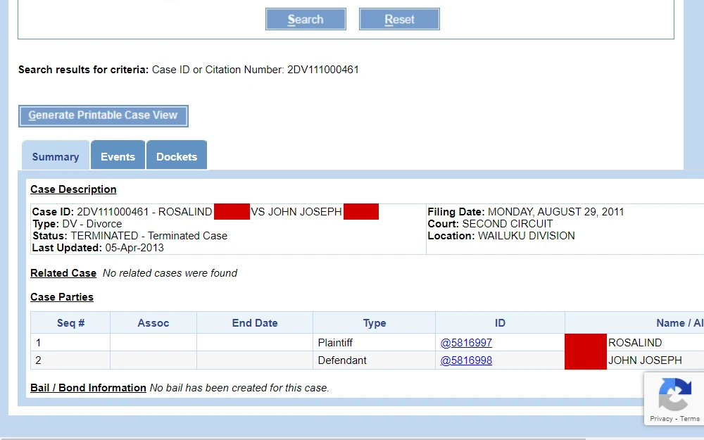 A screenshot of the search tool where the user can request copies of any documents produced or stored by the state court system of Hawaii, including marriage and divorce documents filed through the Family Court system.