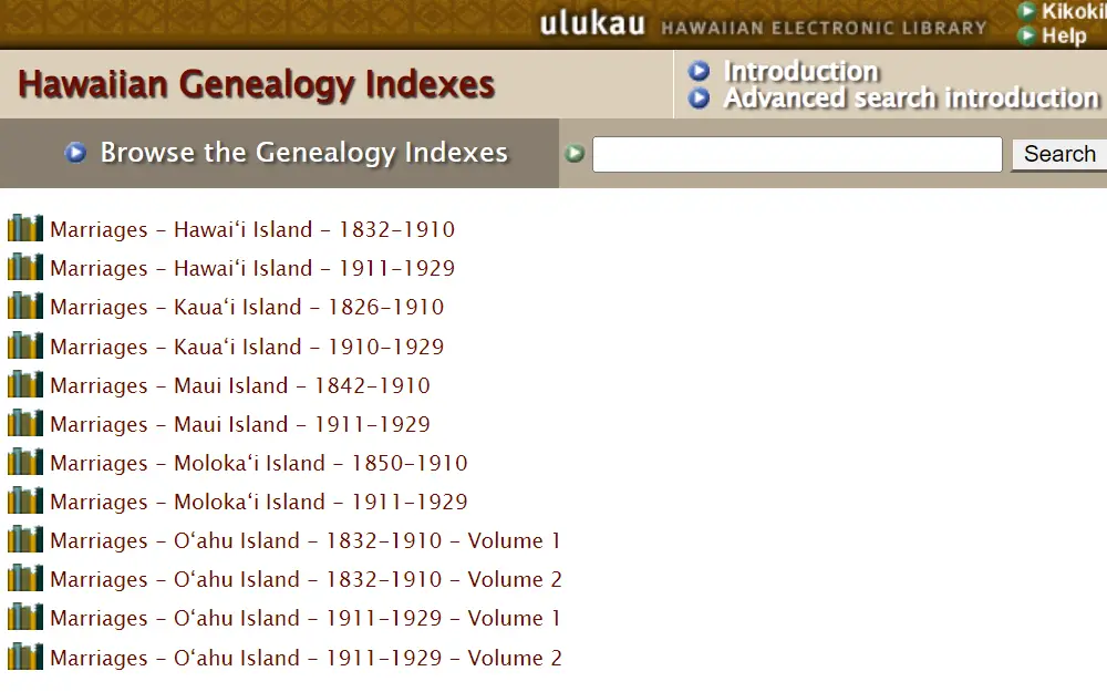 A screenshot of the Hawaiian Genealogy Indexes provided by the Hawai'i State Archives displays a list of indexes by year; researchers can filter the list using the search bar at the top right corner of the page.