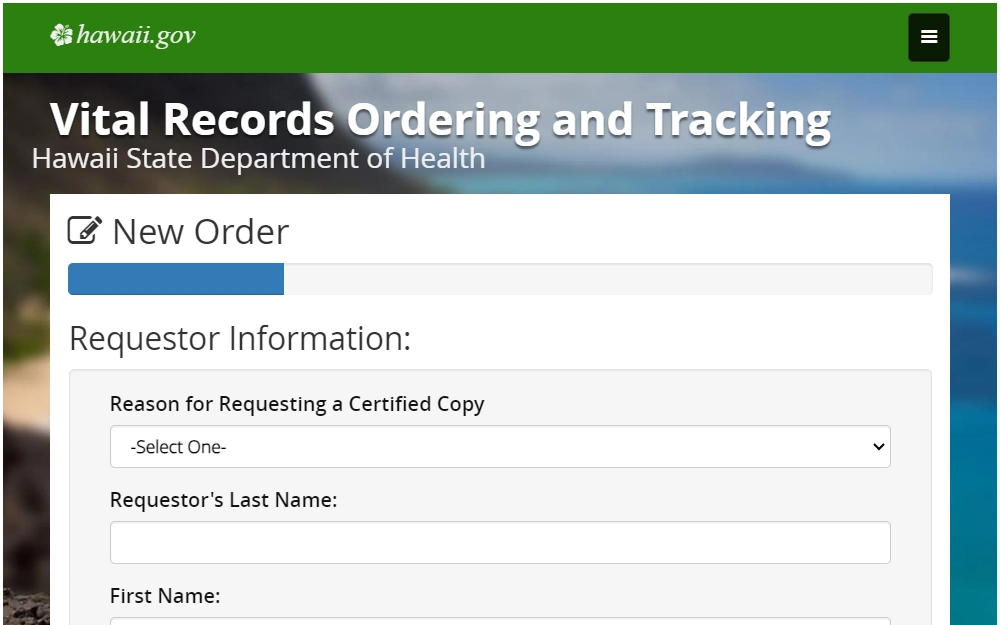 A screenshot of the online form used to order copies of vital records.