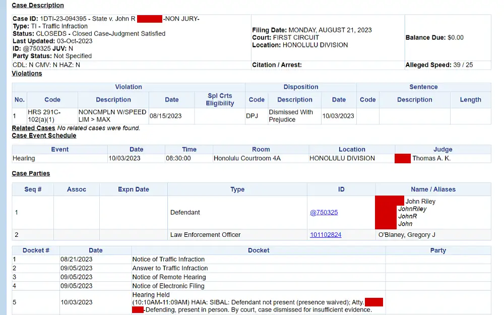 A screenshot of a case description provided by the Hawaii State Judiciary showing details such as the case ID, type, status, last updated date, ID number, JUV, party status, violations, case event schedule, and case party information.