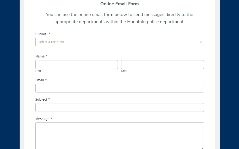 A screenshot of the online email contact form of the Honolulu Police Department, which requires the contact department, name of the sender, email, subject, and message.