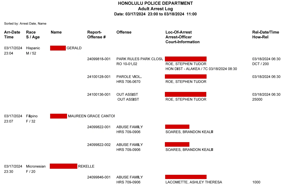 Screenshot of a recent arrest log from the Honolulu Police Department listing the arrest time and date, arrestee's name, race, sex, and age, offense number, offense description, location of arrest, arrest officer, court information, and release date and time.