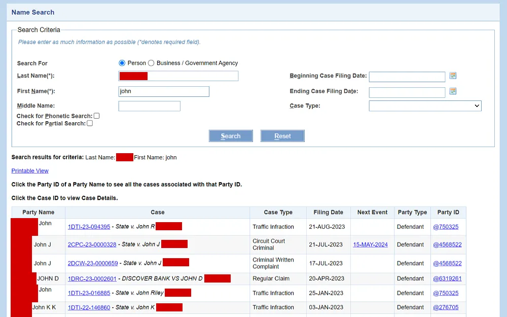 A screenshot displaying name search criteria and results from the Hawaii State Judiciary with information such as party name, case details, case type, filing date, next event date, party type, and ID number.