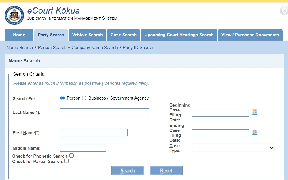 Ecourt Kokua where Hawaii residents can search court records such as free marriage records, warrant searches, and other cases. 