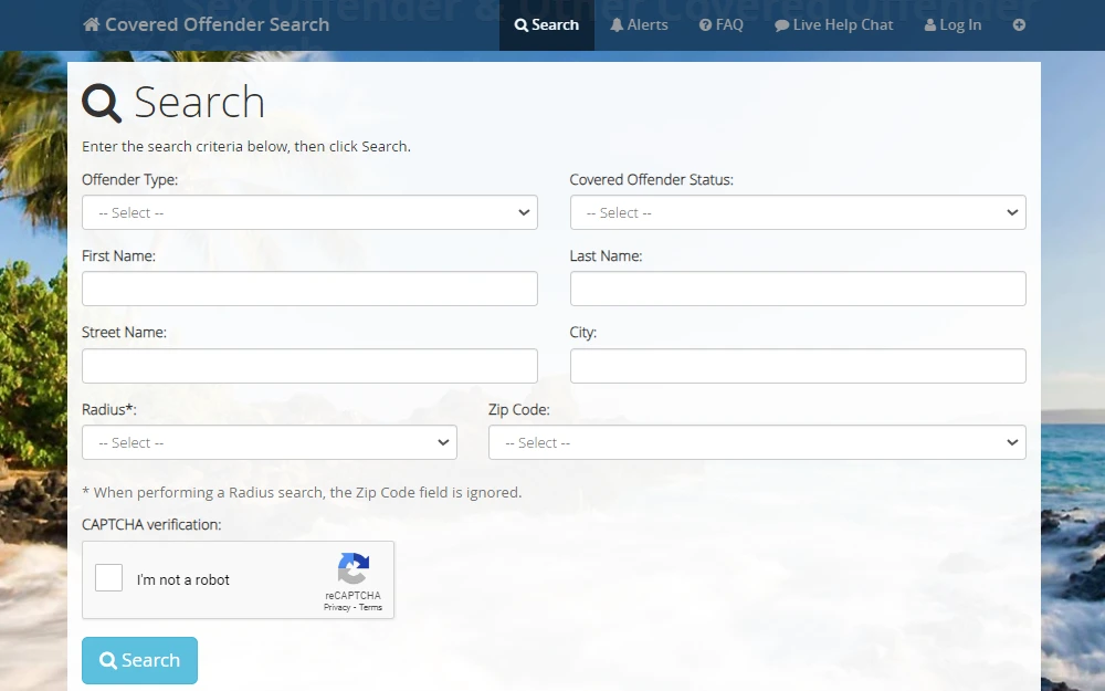 A screenshot of Hawaii's sex offender and other covered offenders search tool displays search criteria fields, including offender type, covered offender status, first name, last name, and address.