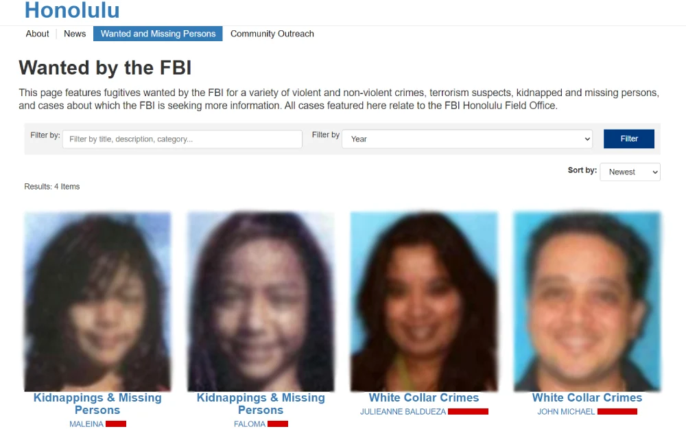 A screenshot from the Federal Bureau of Investigation shows four individuals wanted by the FBI, with two under the category of kidnappings and missing persons and two under white-collar crimes, each with a photograph and name displayed.