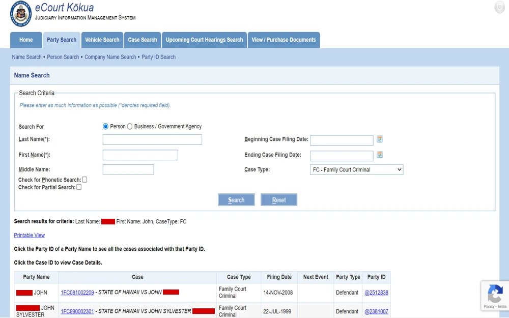 A screenshot from the Hawaii State Judiciary showing a case search page, where users can enter names for person or business inquiries and view listed cases with details like case type, filing dates, and party IDs.