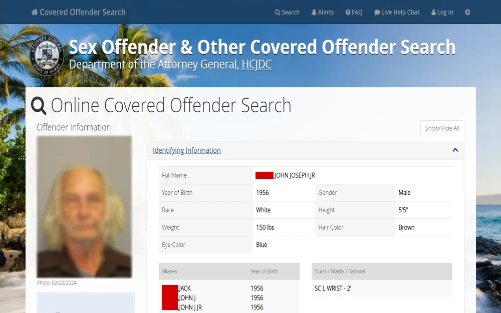 A screenshot from the Department of the Attorney General showing a search result for an offender, including a photograph, full name, birth year, physical traits, and aliases with additional identifying details.