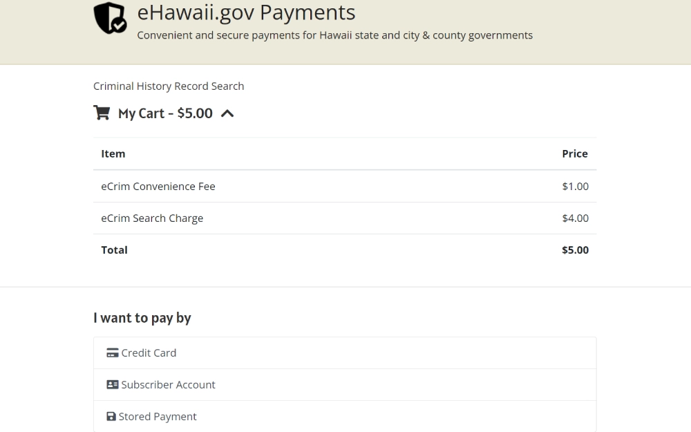 A screenshot from the Hawaii Criminal Justice Data Center displaying a checkout cart with a total charge for a criminal history record search, including itemized fees for service and convenience.