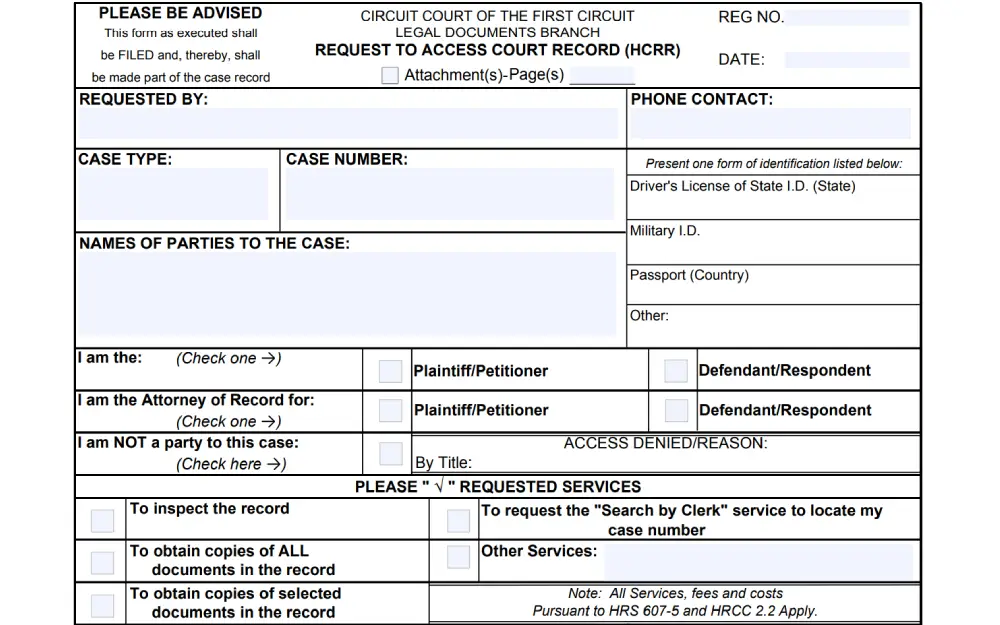 A screenshot from the Circuit Court of the First Circuit displays a form requesting access to court records, with sections for the requester's details, case information, party identification, and options for services like inspecting or obtaining copies of the record.