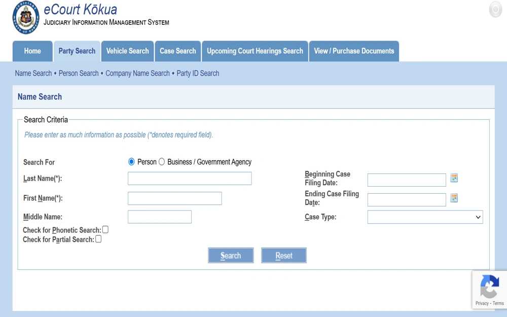 A screenshot of the eCourt Kokua system interface, featuring a name search form that allows users to search for individuals or entities by entering details such as last name, first name, and middle name, with options for phonetic and partial searches, and fields to specify case filing dates and case type.