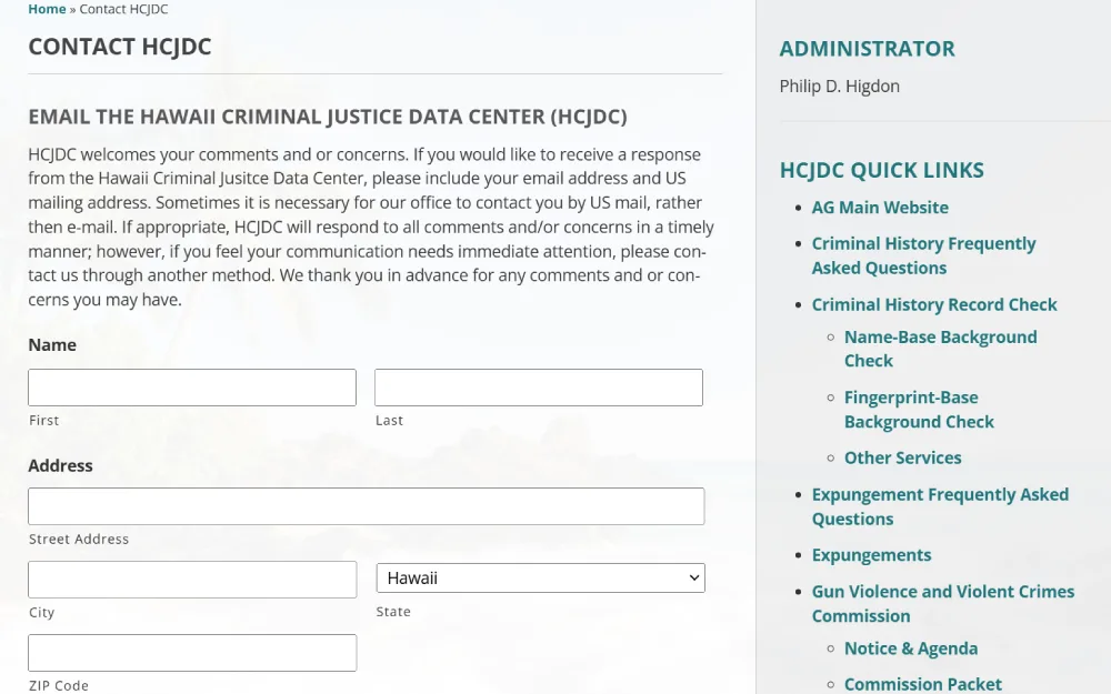 A screenshot of the contact page for the Hawaii Criminal Justice Data Center, featuring a form where users can submit their name and address for comments or concerns, along with quick links to frequently asked questions and other services related to justice data handling.