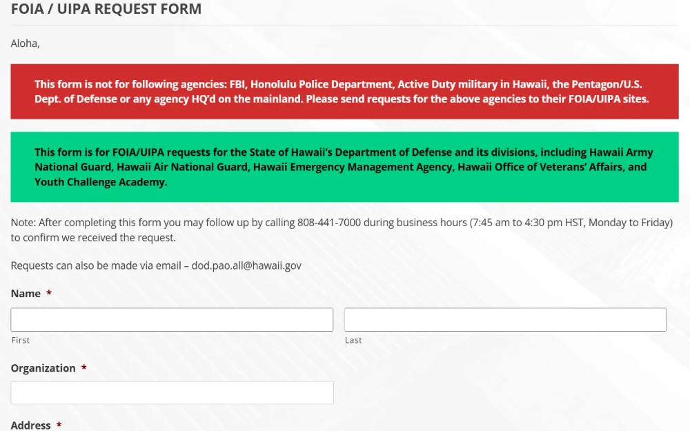 A screenshot of the Hawaii Department of Defense's FOIA/UIPA request form webpage specifies that the form is designated for specific state divisions and includes instructions for submission, a contact number for follow-up, and a cautionary note about its limitations regarding certain federal agencies.