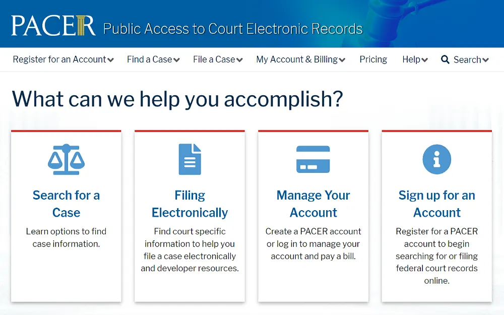 A screenshot displaying public access to court electronic records showing different options to search for a case, manage an account, file electronically and sign up for an account.